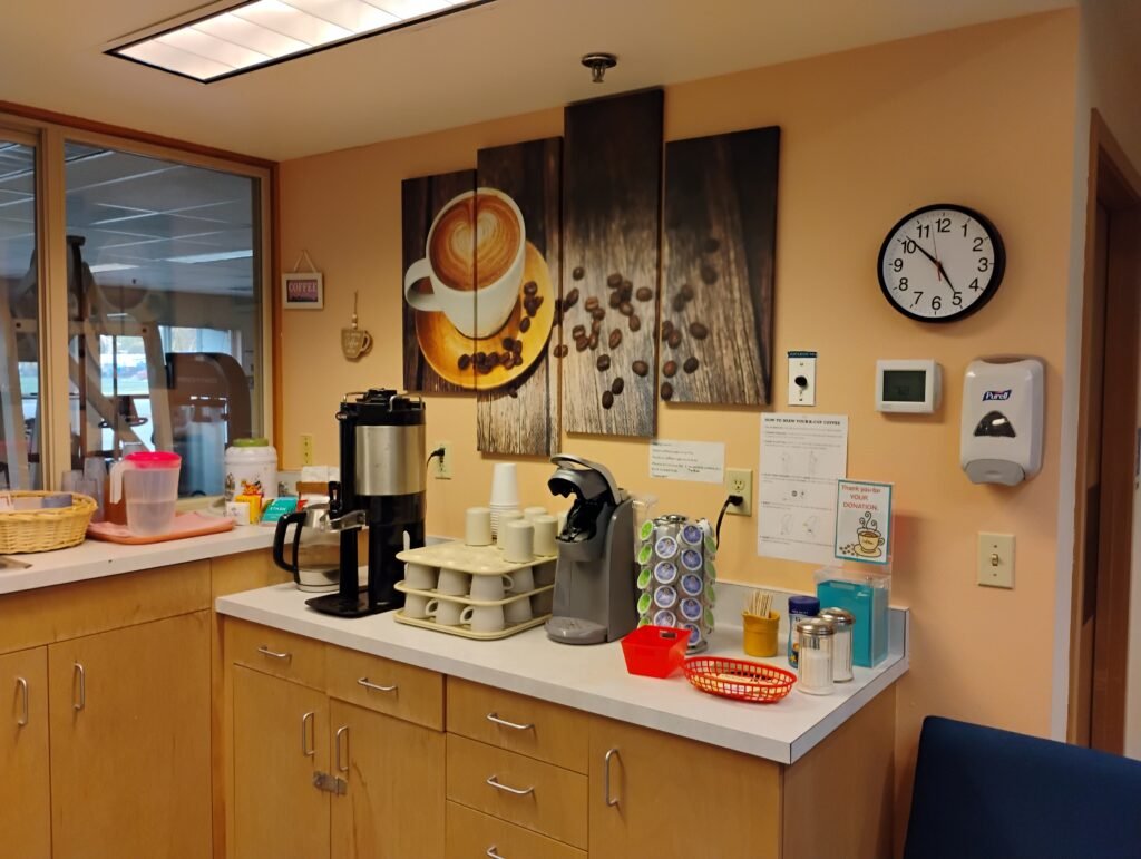 Coffee area for socializing at the Blaine Community Center